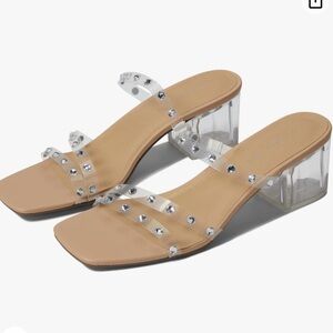Clear Studded Two-Strap Block Heel Sandals - Nude
